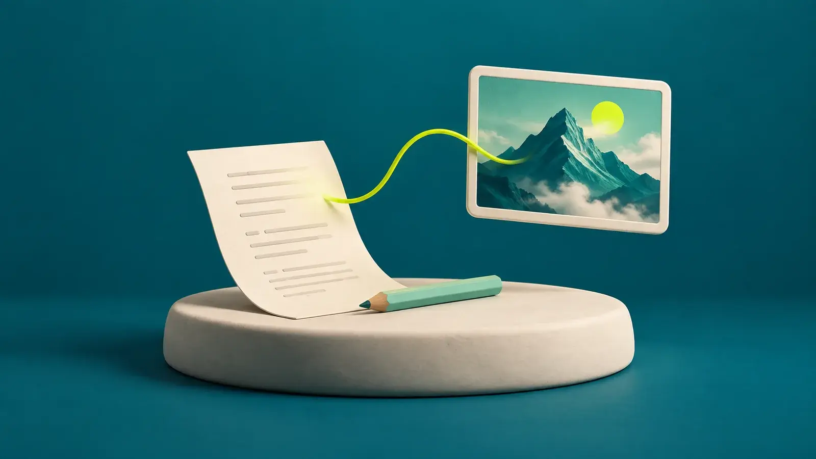 A script and pencil connected to an illustrated landscape thumbnail