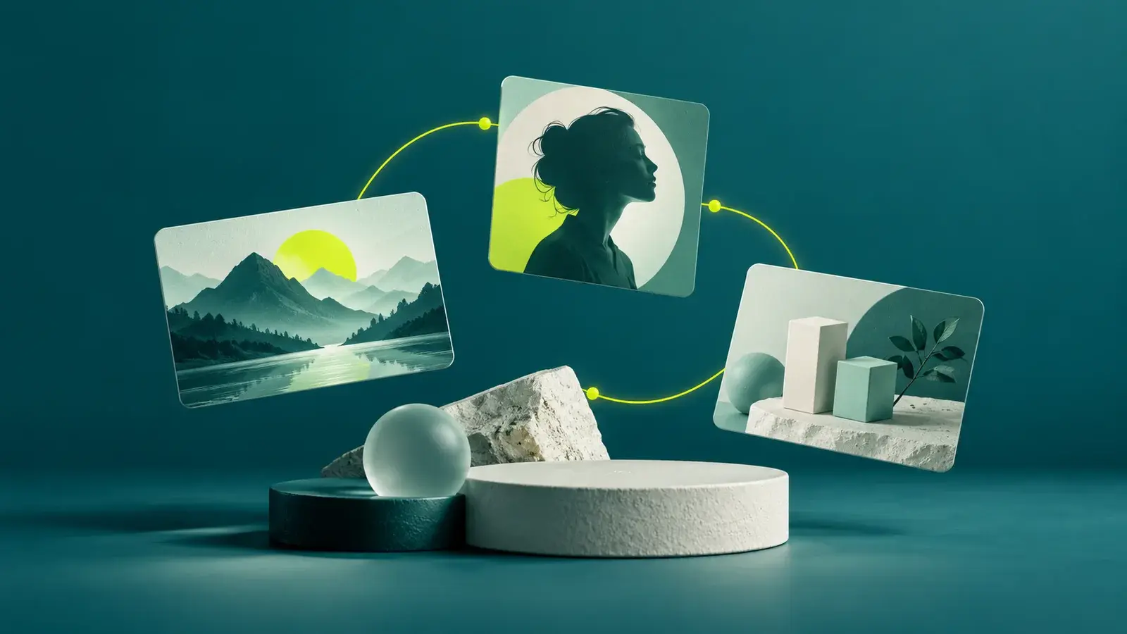 Three conceptual thumbnail cards connected by a lime path on a teal background