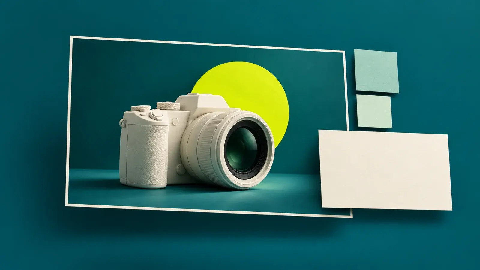 A camera composition with simple color and text blocks on a teal background